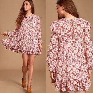 Free People These Dreams Boho Ruffle Floral Tie Sleeve Mini Dress. Size S